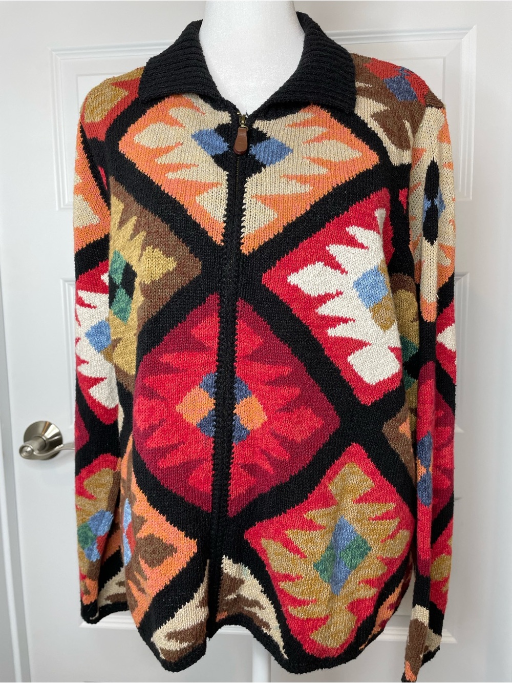 Northern Isles Women’s Geometric Zip-Front Cardigan Sweater in Multicolor Size M